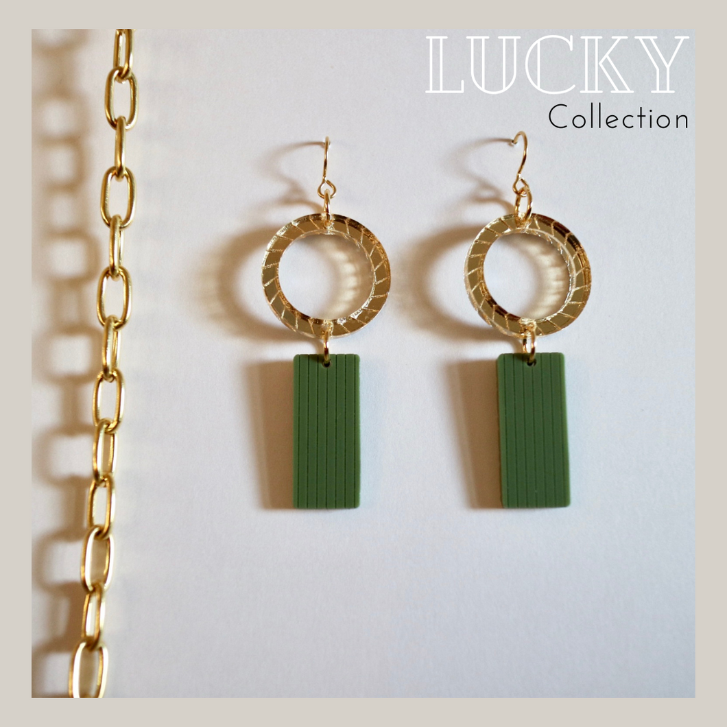 Green Bar and Gold Circle Earrings