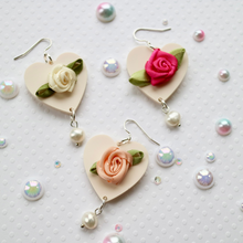 Load image into Gallery viewer, Heart coquette earrings with ribbon flower
