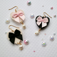 Load image into Gallery viewer, Heart coquette earrings with silk bow
