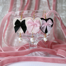 Load image into Gallery viewer, Heart coquette earrings with silk bow
