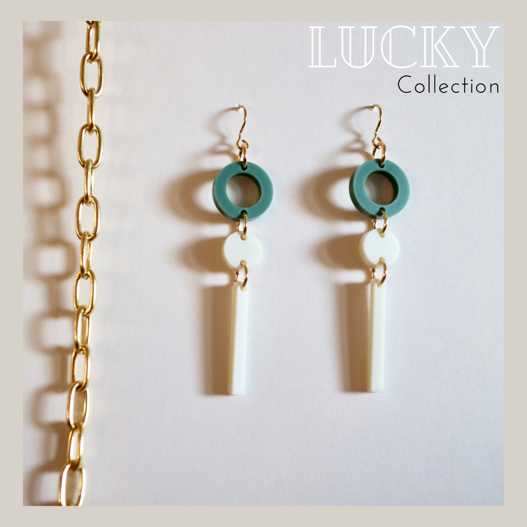 Abstract Green and Cream Dangle Earrings