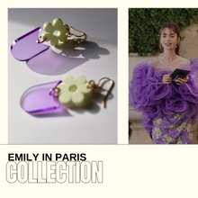 Load image into Gallery viewer, Frosty purple bottom earrings with matte yellow daisy topper
