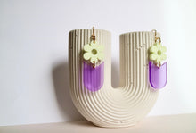 Load image into Gallery viewer, Frosty purple bottom earrings with matte yellow daisy topper
