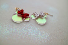 Load image into Gallery viewer, Mouse Earrings with Bows on Matte Iridescent
