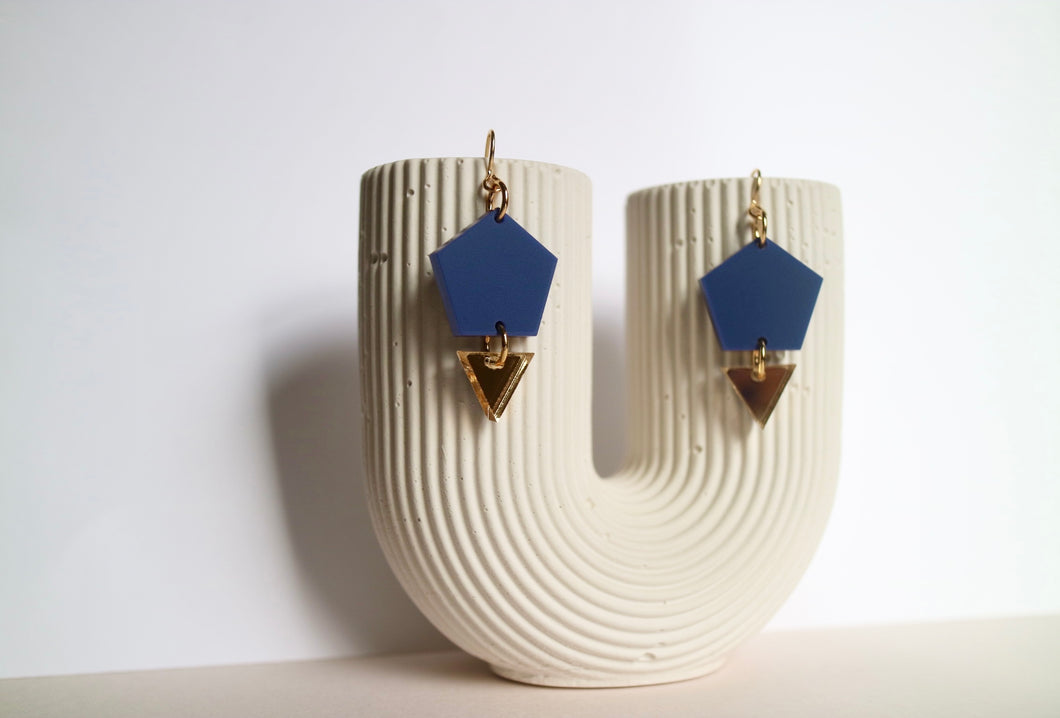 Navy hexagon and gold mirror triangle earrings