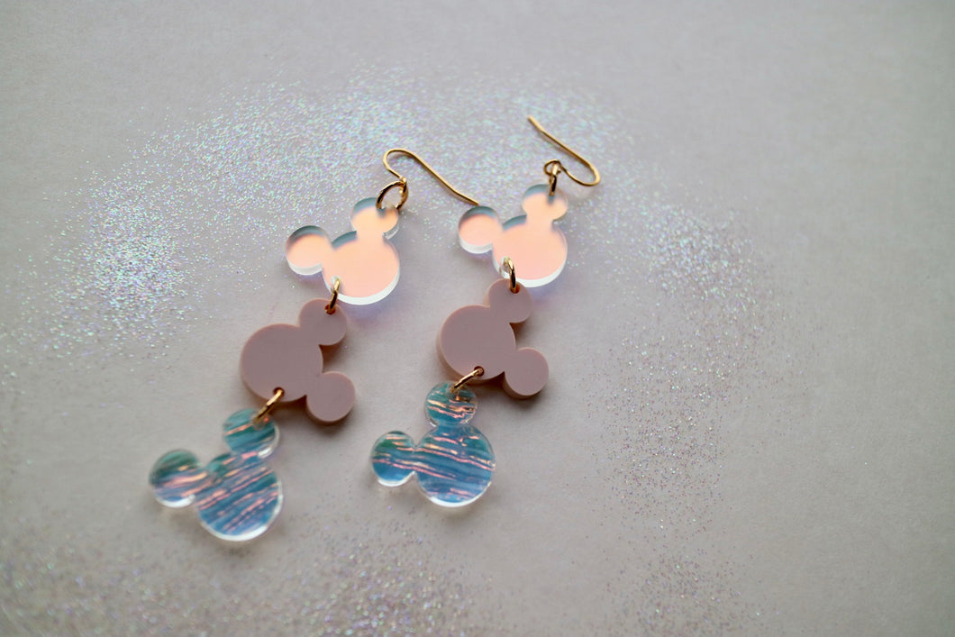 Triple mouse Earrings on pink and iridescent